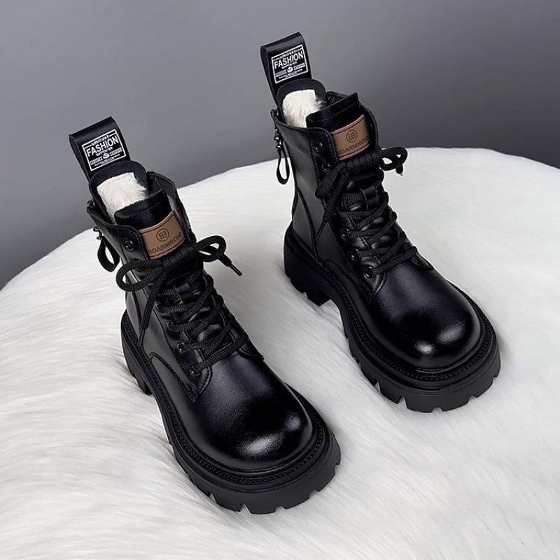 

Женские кожаные полусапоги на флисовой подкладке | Толстая подошва и поддержка голеностопа | Осень/Зима Британский стиль Size 35