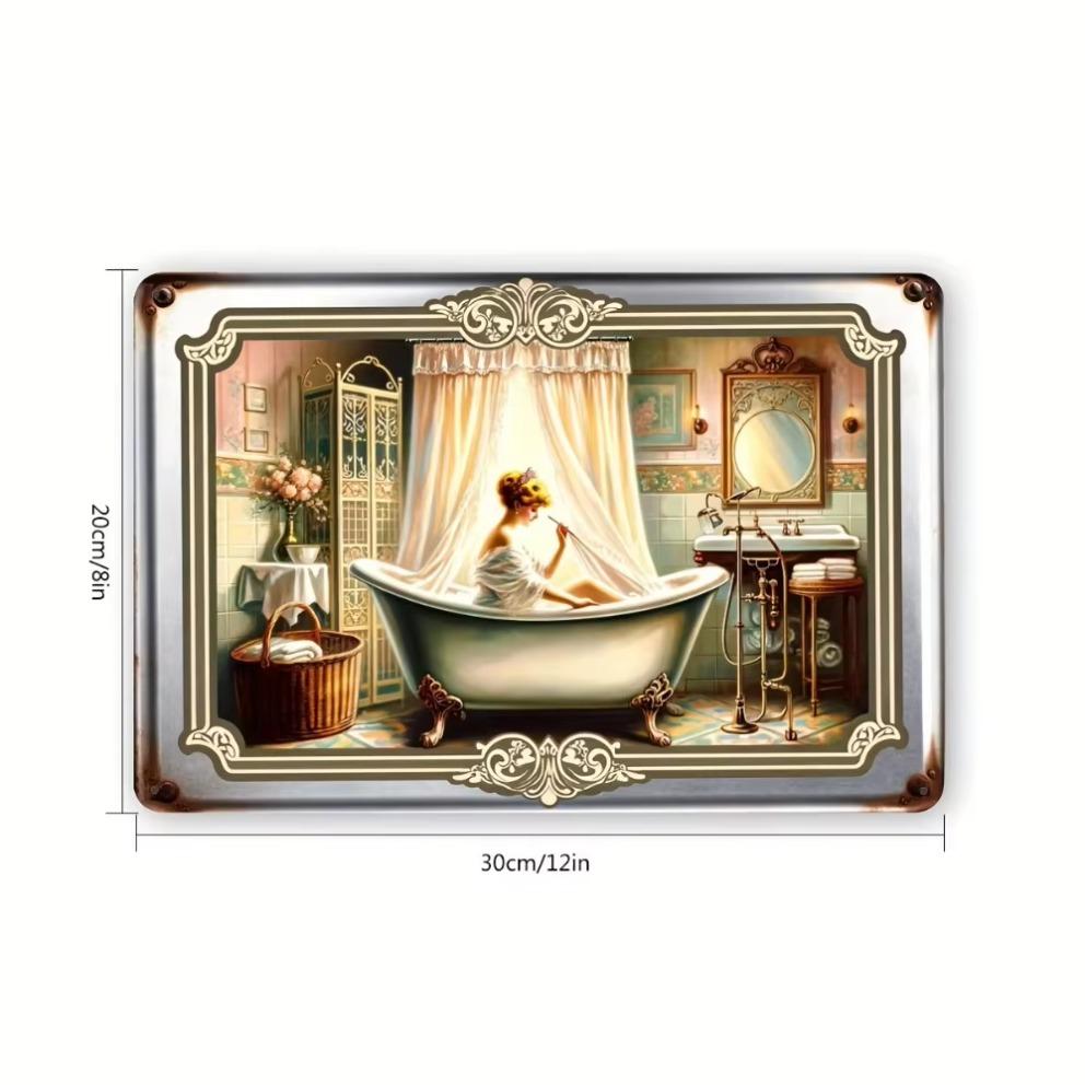 2d Vintage wrought iron painting: girl in the bathroom, metal wall decoration, , perfect room decoration