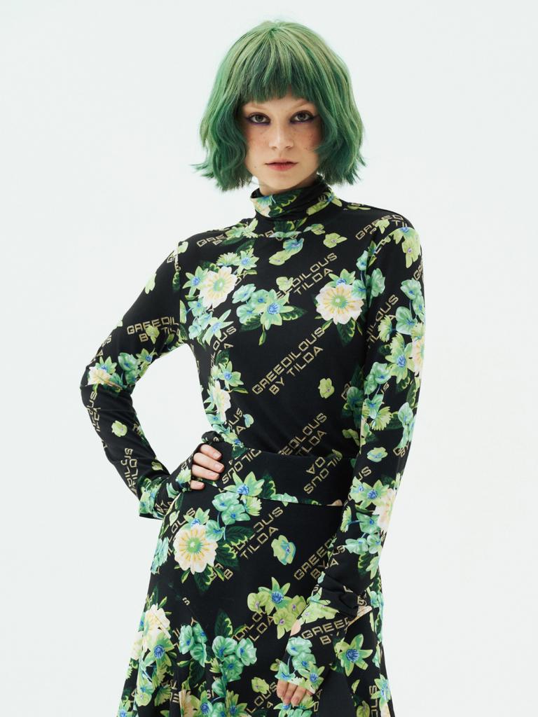 GREEDILOUS Floral Turtleneck Finger Hole Long Sleeve Top