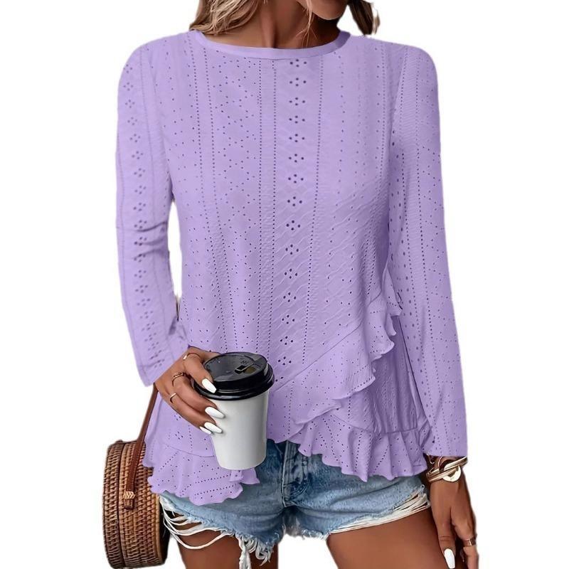 New Spring and Summer Women's Fashion and Casual Solid-color Long-sleeved Round-neck T-shirts