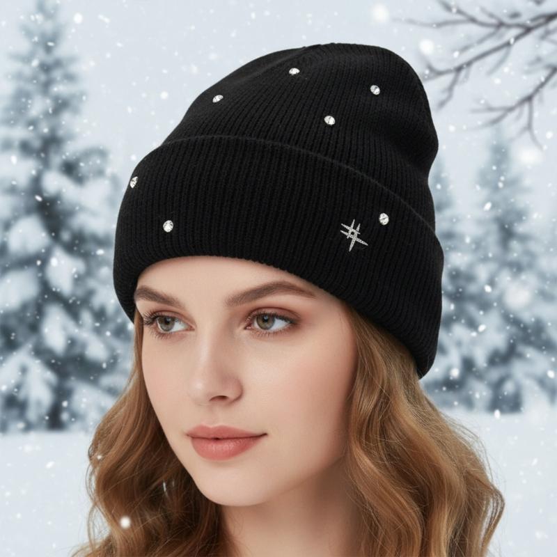 Acrylic Fibre Knitted Brimless Hat with Rhinestones Decors Winter Warm Skull Cap For Women Teens Girl Daily Outfit