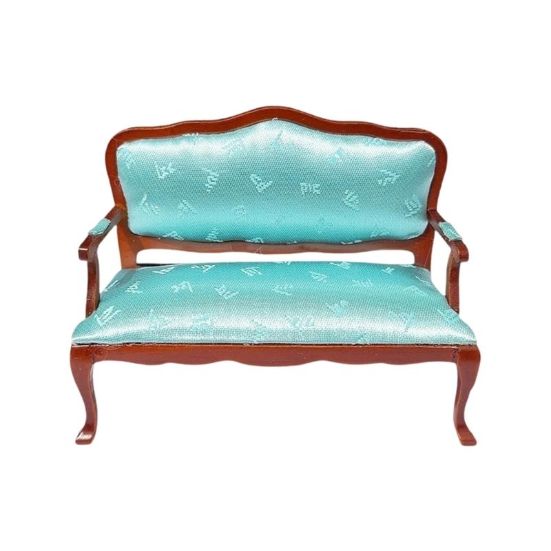 Elegant Blue Floral 1:12 Scale Miniature Sofa Armchair Model Figurine Double Couch For Doll House Scene Setting Furniture