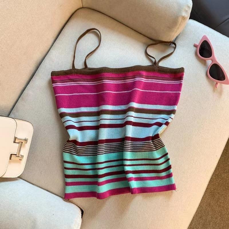 Elastisk regnbueprint ribbestrikket colorblock tanktopp strikket avslappet ermeløs rundhalset topp dameklær crop top