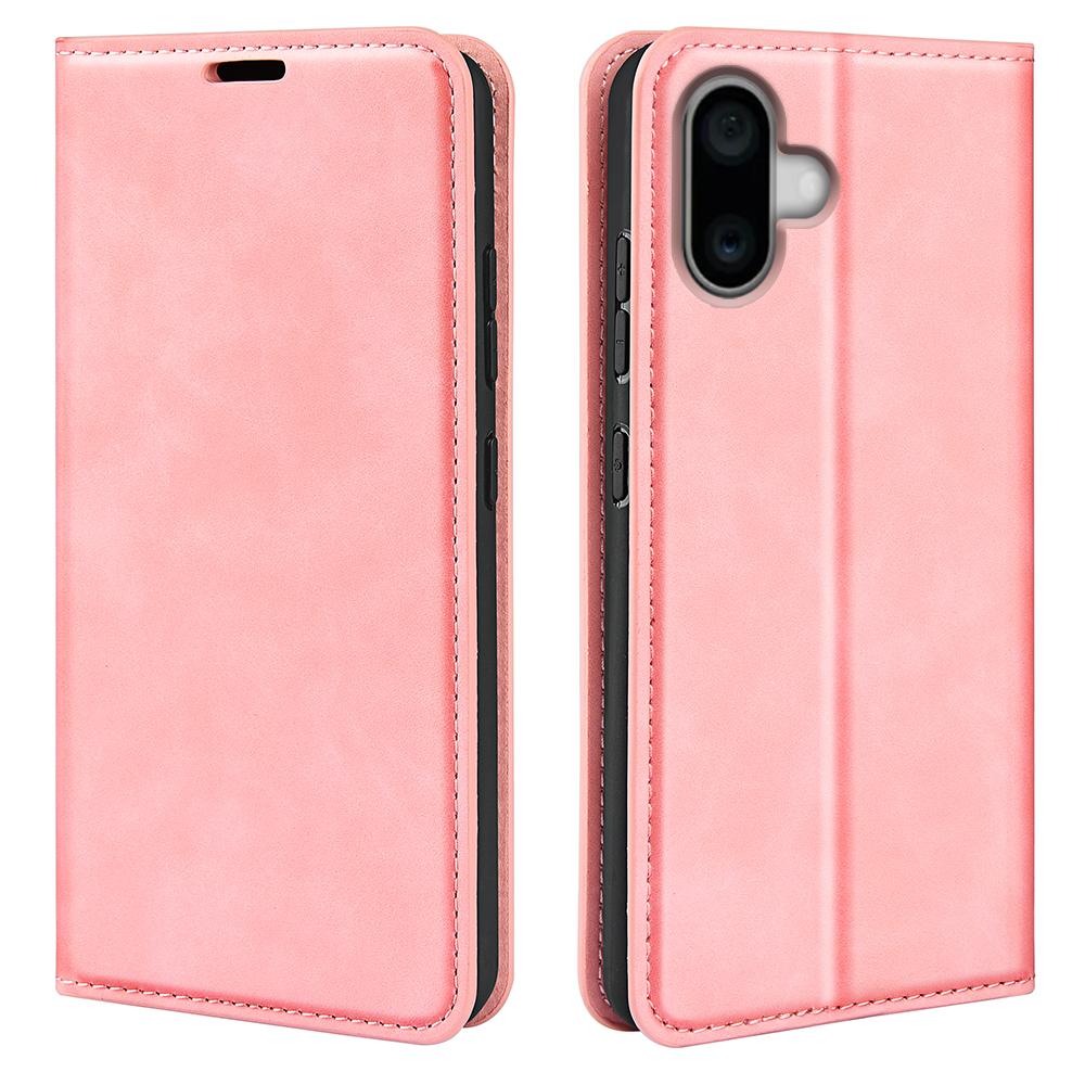 

For iPhone 16 Plus Case Skin-Feel PU Leather Phone Cover Folding Stand Magnetic Absorption Pink