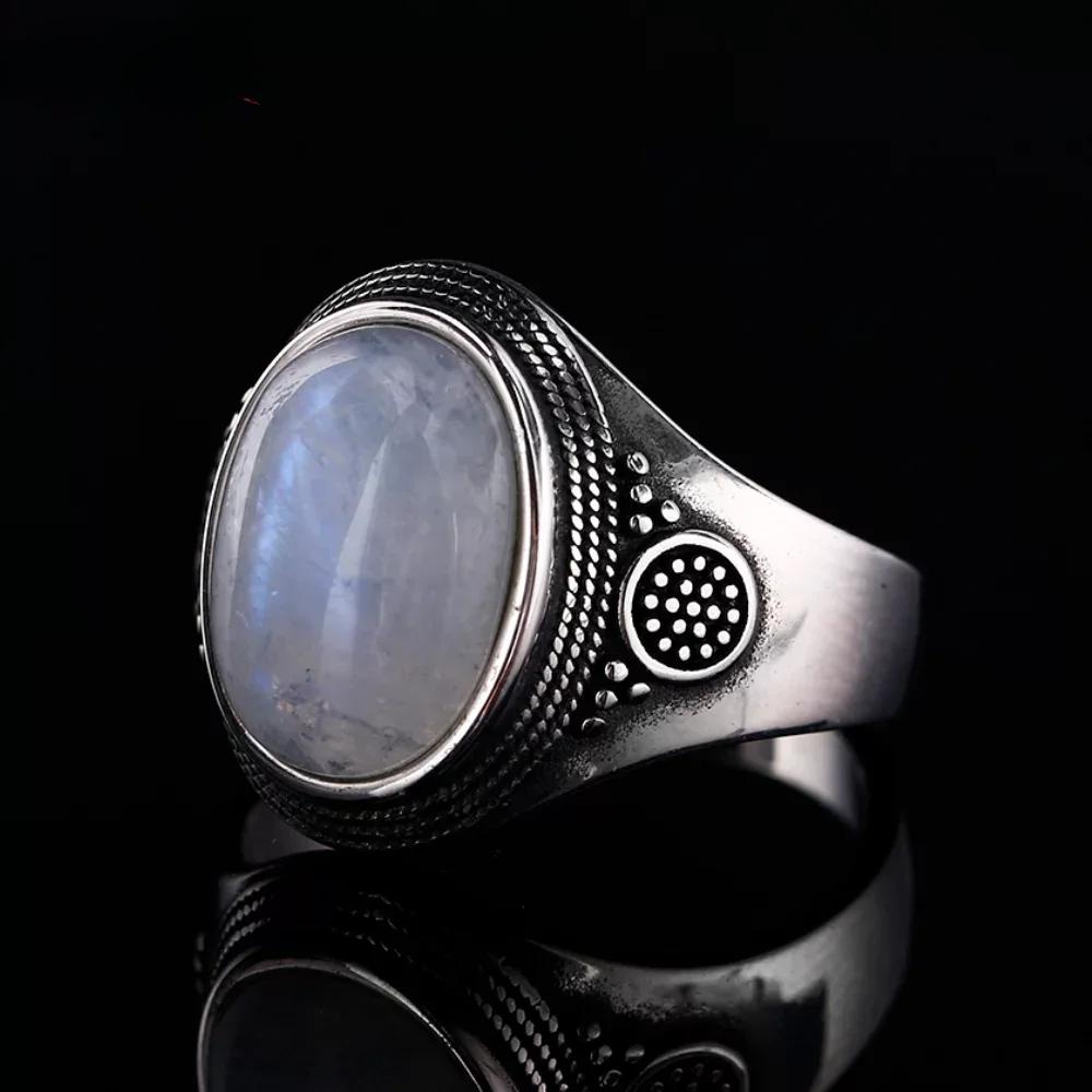 Vintage 925 Silver Ring Natural Moonstone Ring 10*14mm Oval Large Stone Retro Silver Fine Jewelry Gift For Women Men