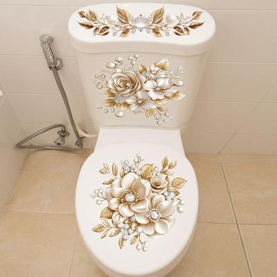 Luxury Gold Pearl Floral Toilet Sticker Waterproof Self-Adhesive Bathroom Decor Sticker Wall Stickers Home Decoration Stickers