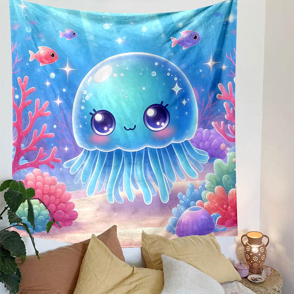 Cute Jellyfish Underwater Scene Patterned Tapestry Decorative Wall Hanging, Home Bedroom Living Room Decor