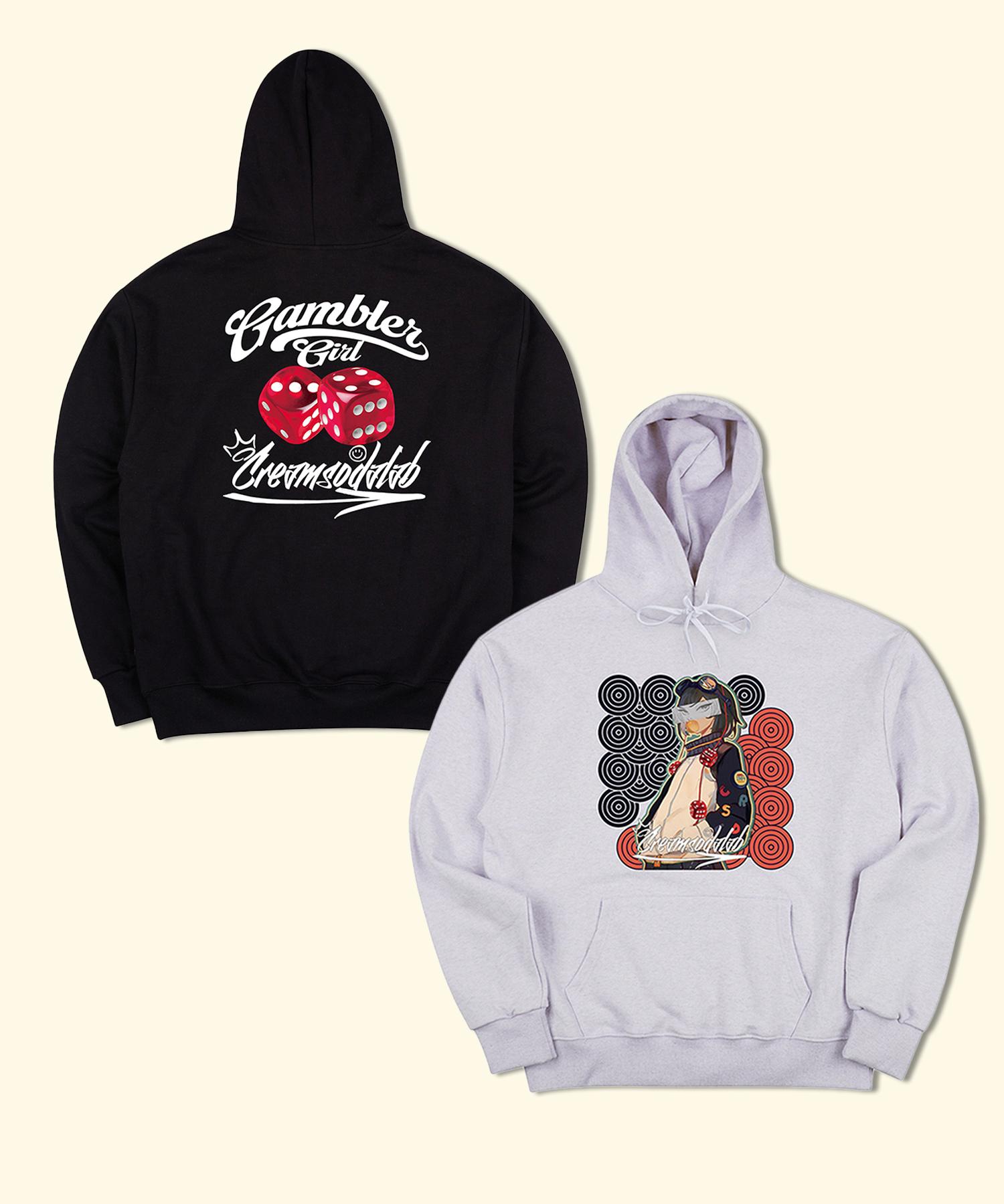 Cream Soda Lab Dice Gambler Girl Hoodie Black Light Grey Set Light Gray/Black M