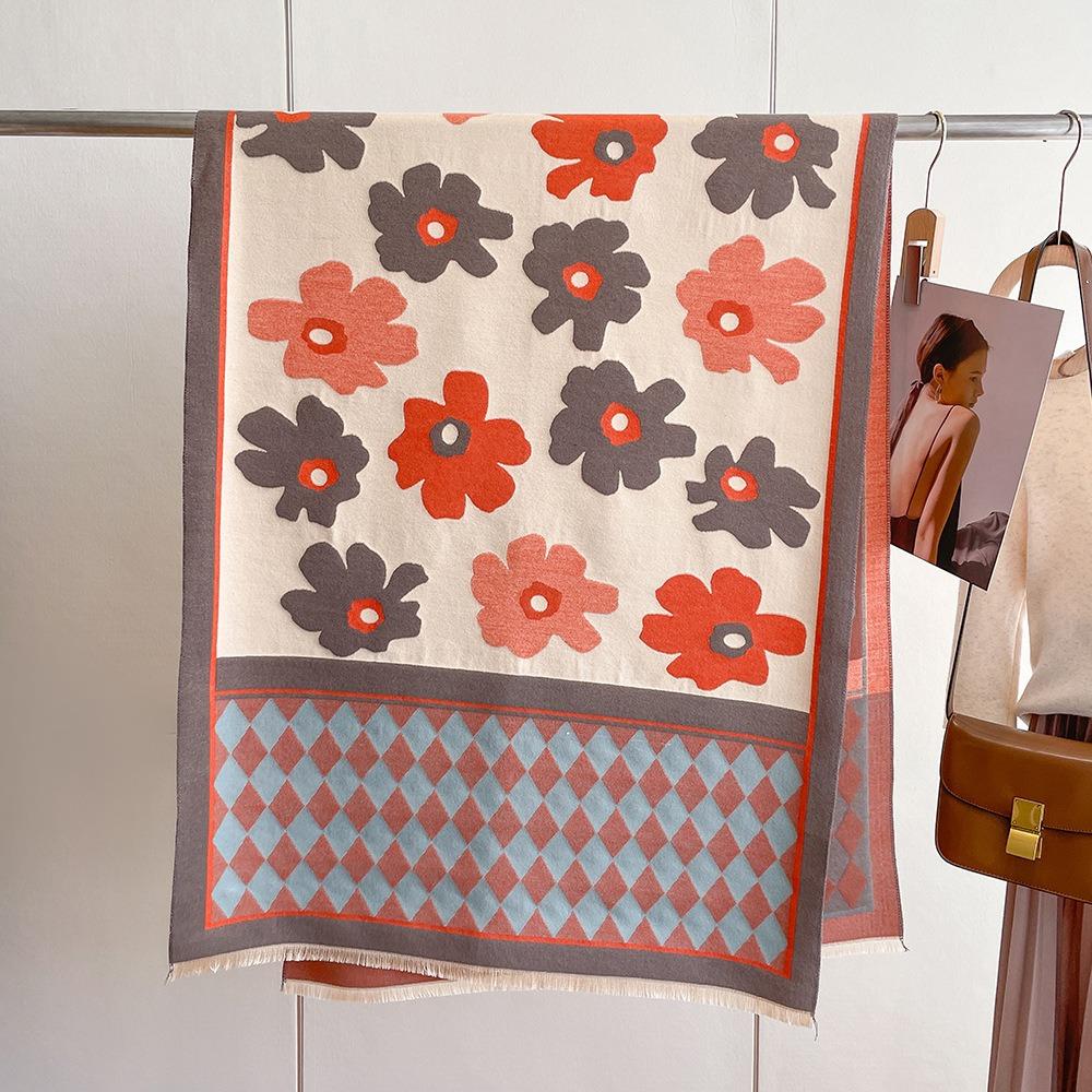 Flower Winter Cashmere Shawl Lightweight Floral Print Scarf Fashion Plaid Knitted Scarf  Unisex