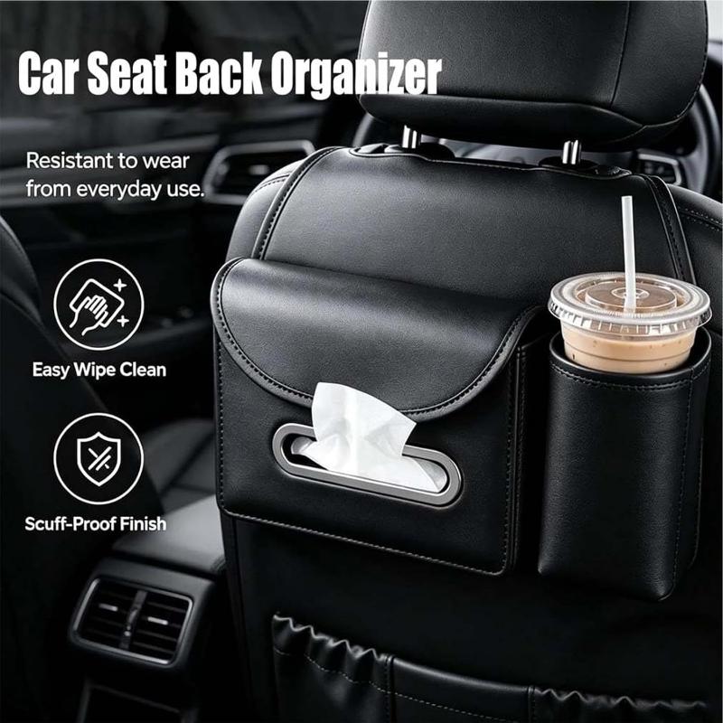 Pu Leather Car With Tissue Holder Cup Pocket Fits Road Trips Daily Commute Easy Install Keep Car Tidy