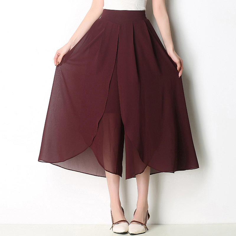 

Summer Women Oversized Black Chiffon Pants Korean Thin Fashion High Waist Elastic Band Split Loose Solid Casual Wide Leg Trouser 5XL вина червоного кольору