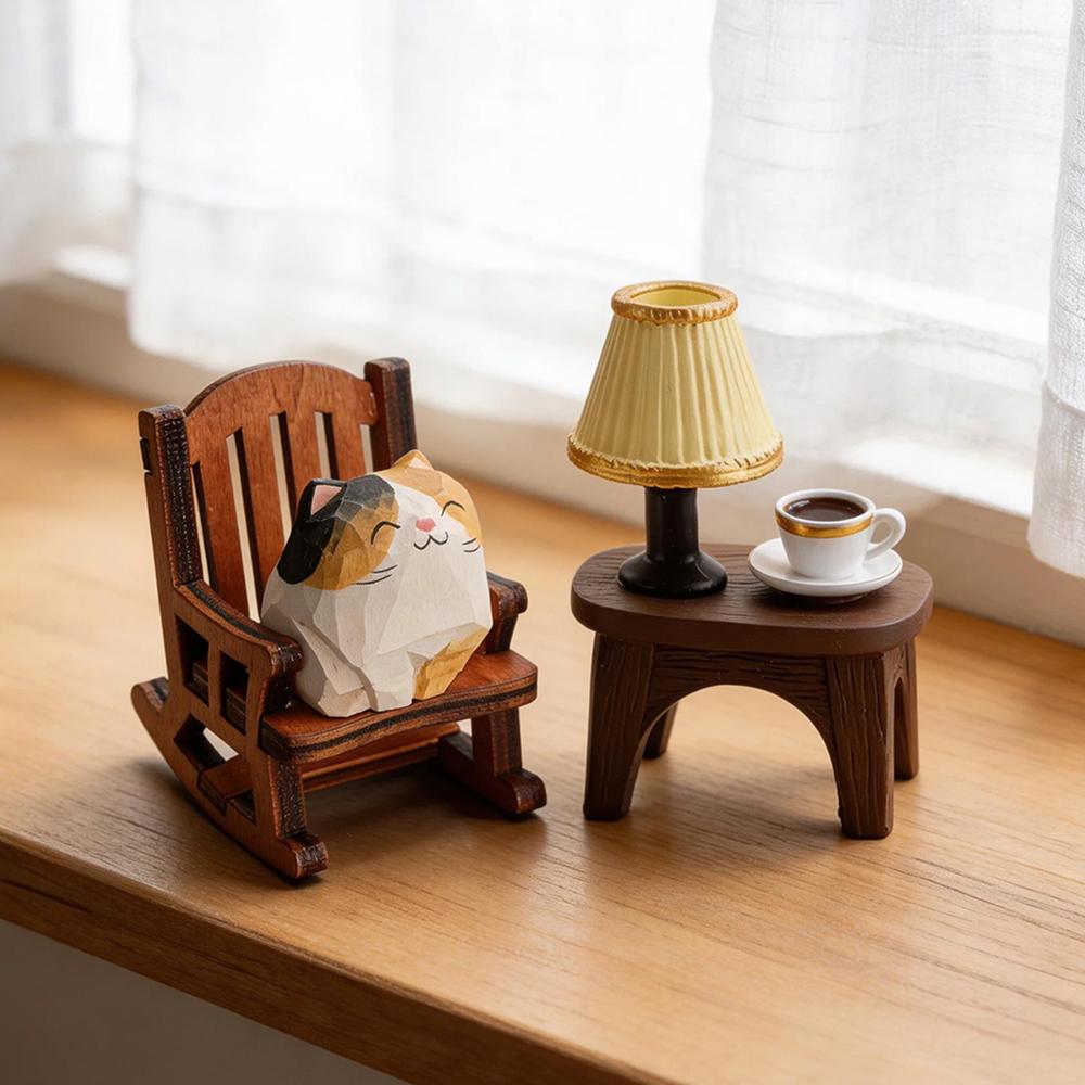 Hand Carved Wooden Cat Figurine Cute Kitten Statue Home Desktop Decor Calico Orange Cat Ragdoll Bombay Cat Miniature Craft Gift