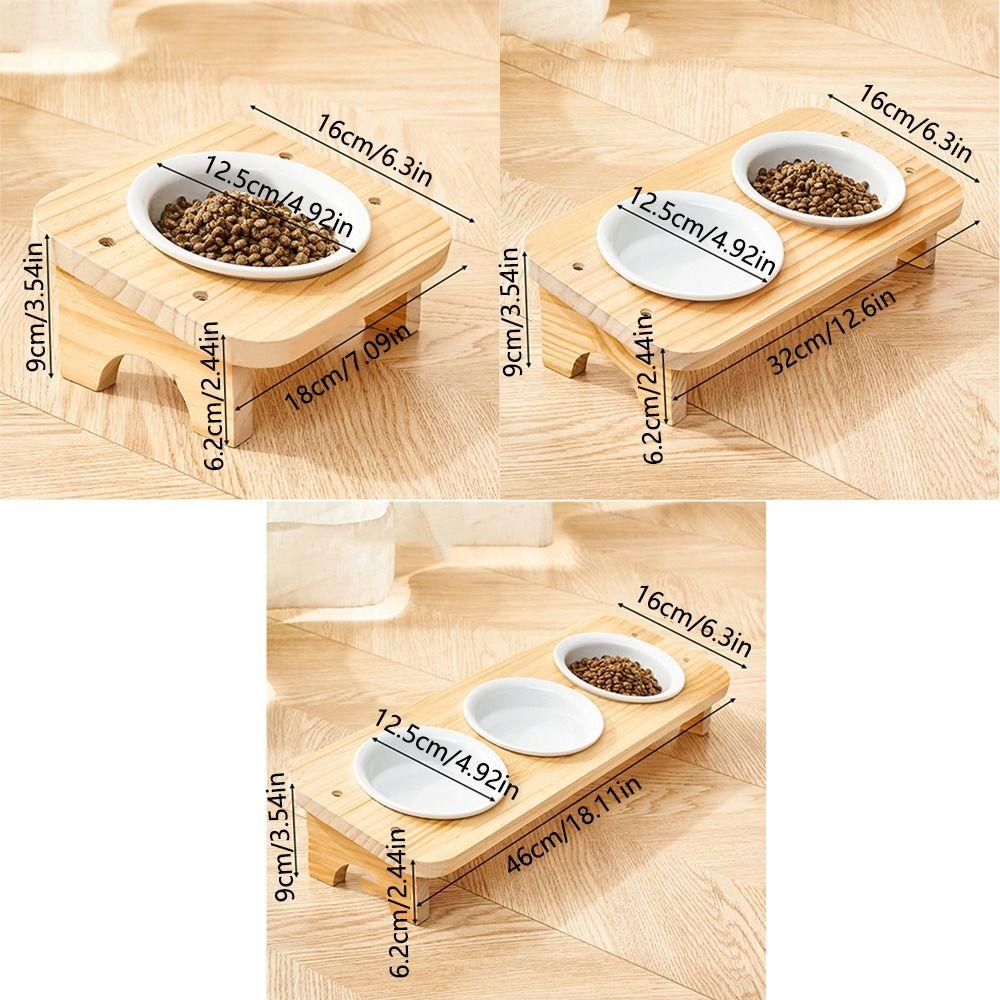 Protect Cervical Spine Elevated Pet Feeder with Wood Stand Tilted Cat Dish Ceramic Cats Bowl  Water