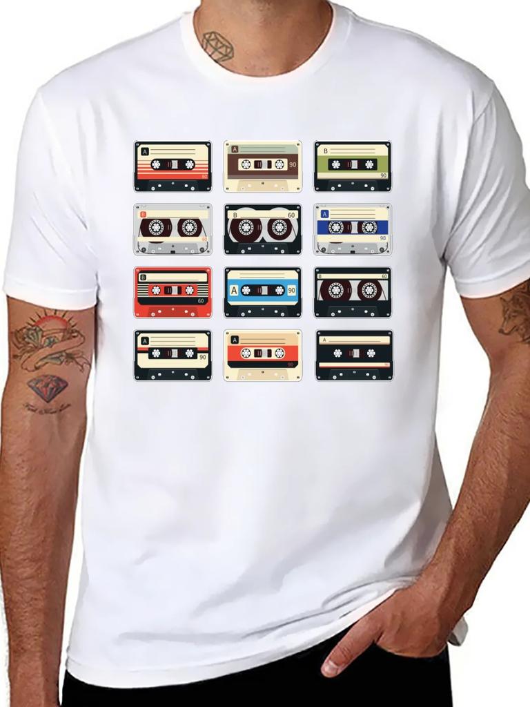 Retro Cassette Tape Printing Men's T-Shirt Short Sleeve Cotton Tees Retro Hip-Hop Summer Y2k Tops Men Clothing Oversize T-shirt