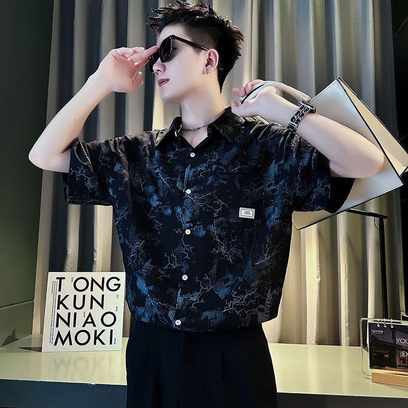 Ice Silk Drooping Short-sleeved Shirt Men's Printed Men's Inch Shirt New Summer Thin Tops Handsome Shirt