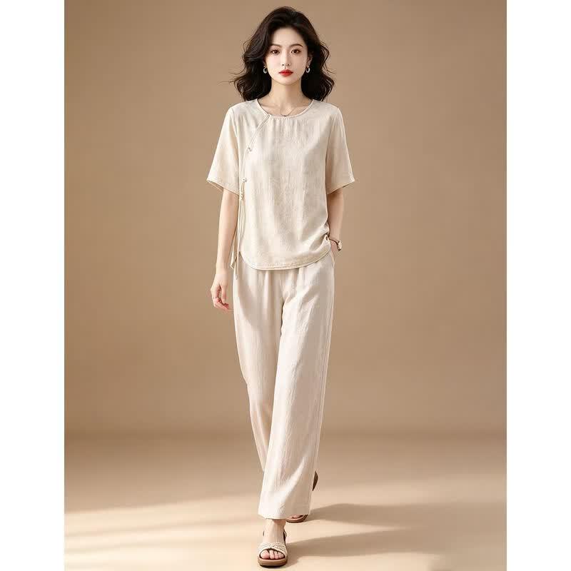 EST+II Women's Round Neck Short Sleeve Top & Wide-Leg Pants Set