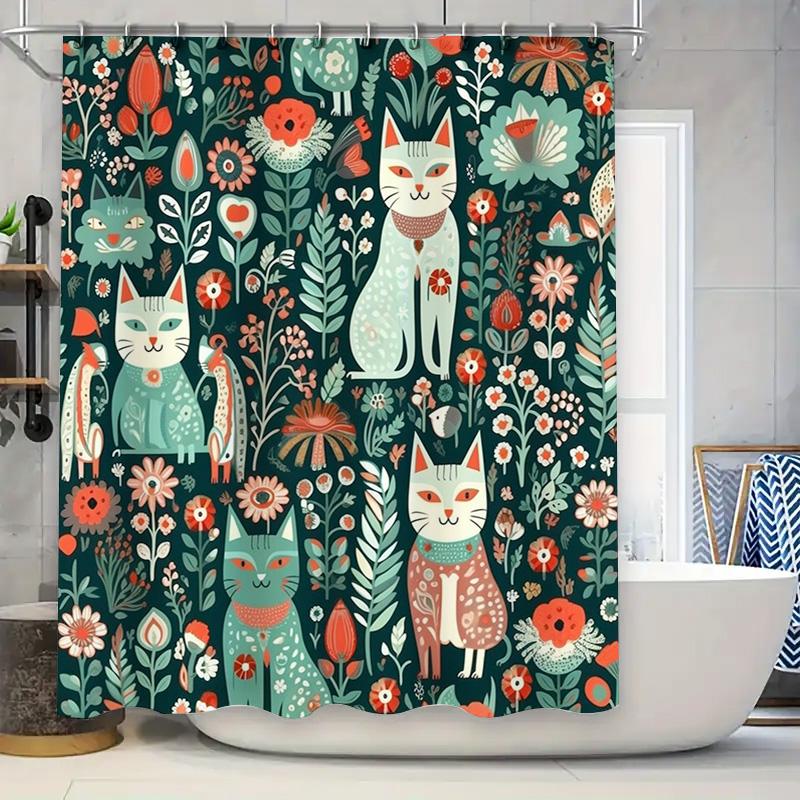 

Vibrant Cats Floral Shower Curtain Printed Fabric Waterproof Bath Decor For Bathroom Decoration Size Customizable W60H190(CM)-1 Pcs