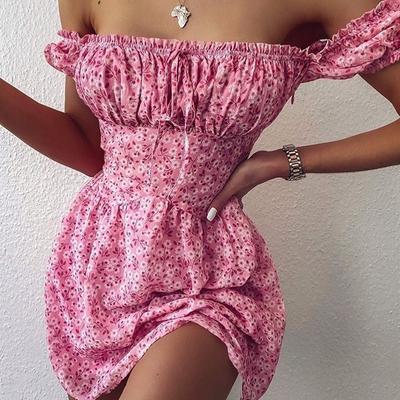 Damen Blumenmuster Mode Gerafft Sexy Rückenfrei Mini Sommerkleid Puffärmel Sommerkleider