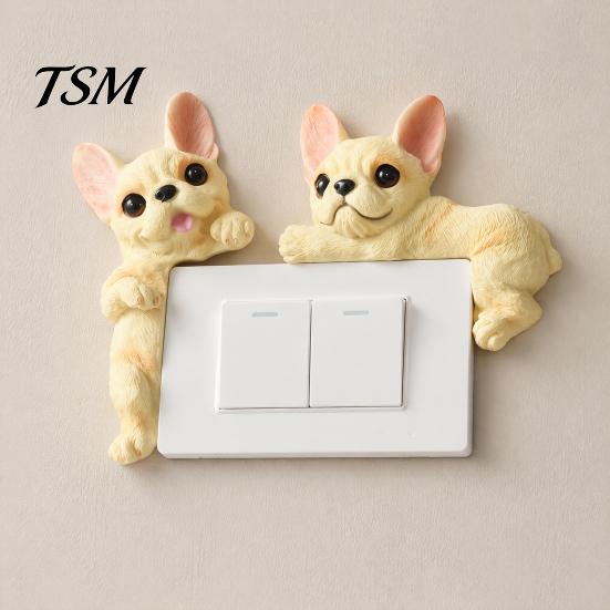 Waterproof Switch Wall Decal 3D French Bulldog Resin Light Cover, Cute Cartoon Dog Socket Animal Shape Frame Decor, Self-Adhesive Plate Sticker