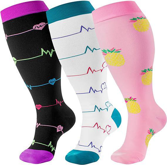 Three-Pair Pack Plus Size Knee-High Compression Socks for Wide Calf - Extra Large Support & Circulation Pressure Socks