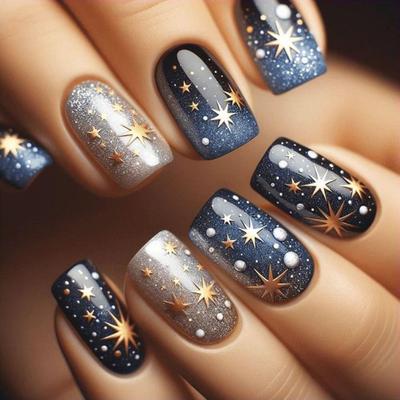 24 Pcs Astral False Nail Colorful Artificial Nail Glittering Full Cover Stick On Nail Short Square Press On Nail