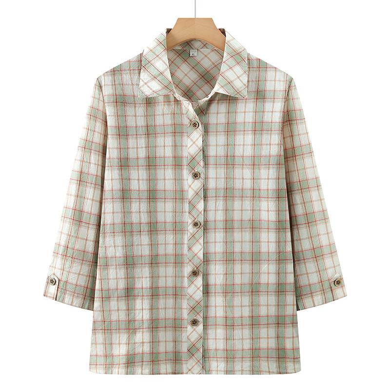 Women's Plaid Long Sleeve Pure Cotton Shirt for Spring/Autumn - Loose Fit for Middle-Aged and Elderly