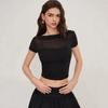Pure desire wind one-word shoulder mesh short-sleeved top women's summer inner with suspenders, thin versatile short top Spice girl suit