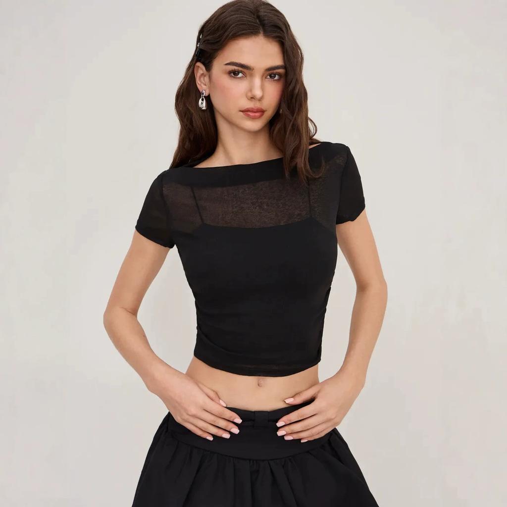 Pure desire wind one-word shoulder mesh short-sleeved top women's summer inner with suspenders, thin versatile short top Spice girl suit