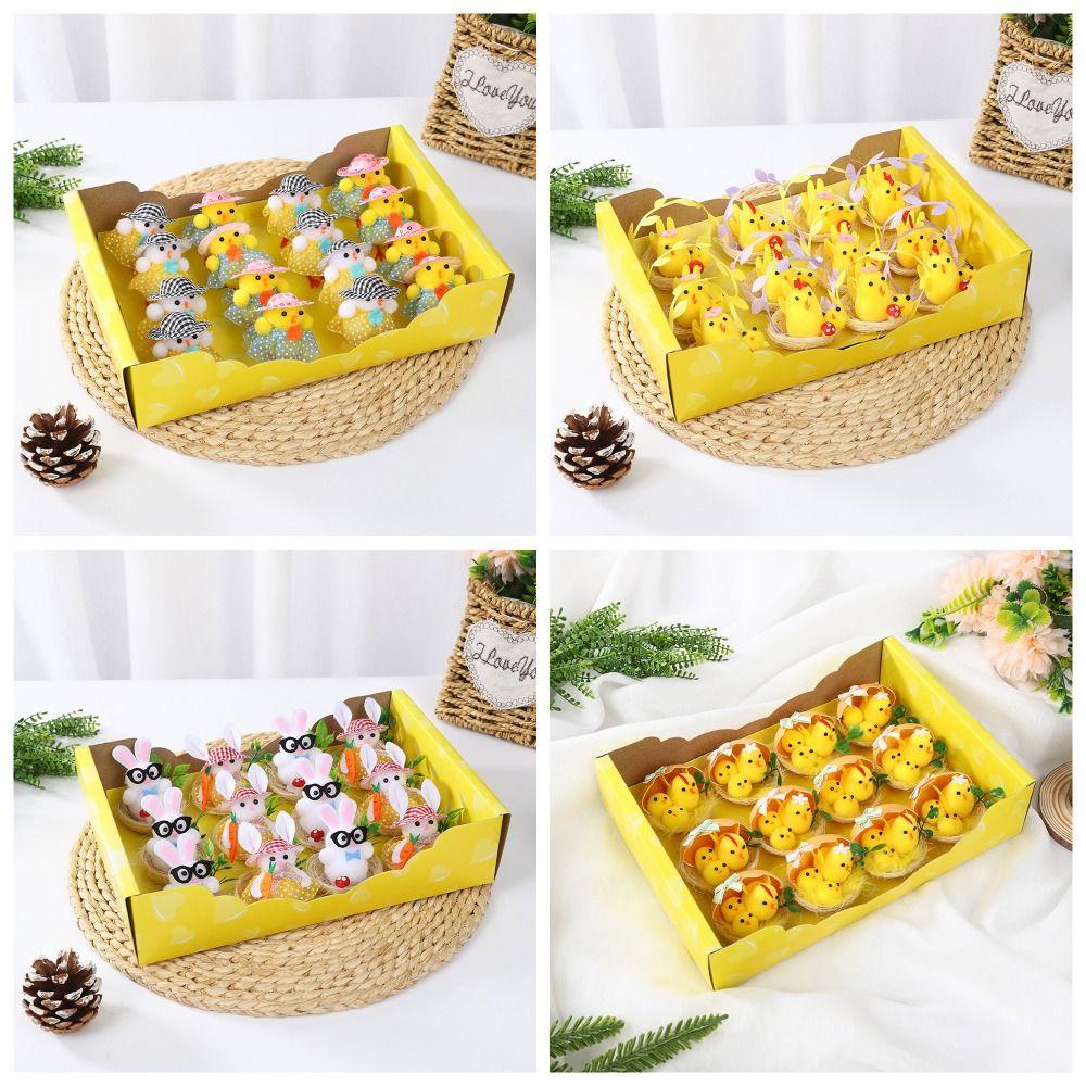 16Pcs/Set Simulation Easter Yellow Chicks Decoration Snow Man Flocking Easter Bunny Ornaments Mini Spring Cute Animal Decoration