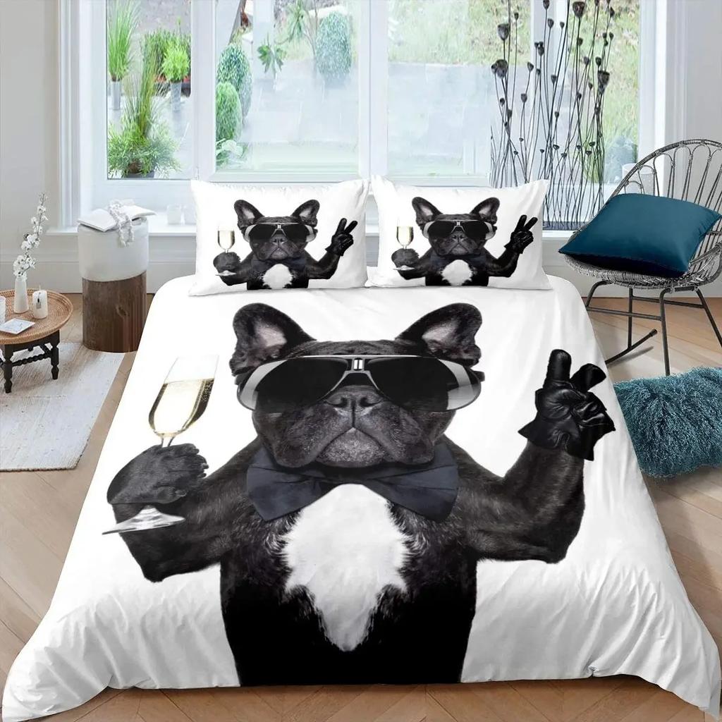 Bulldog Duvet Cover French Bulldogs Bedding Set Twin Polyester Chocolate Puppy Pet Doggy Animal Quilt Cover For Dog Lover Gifts