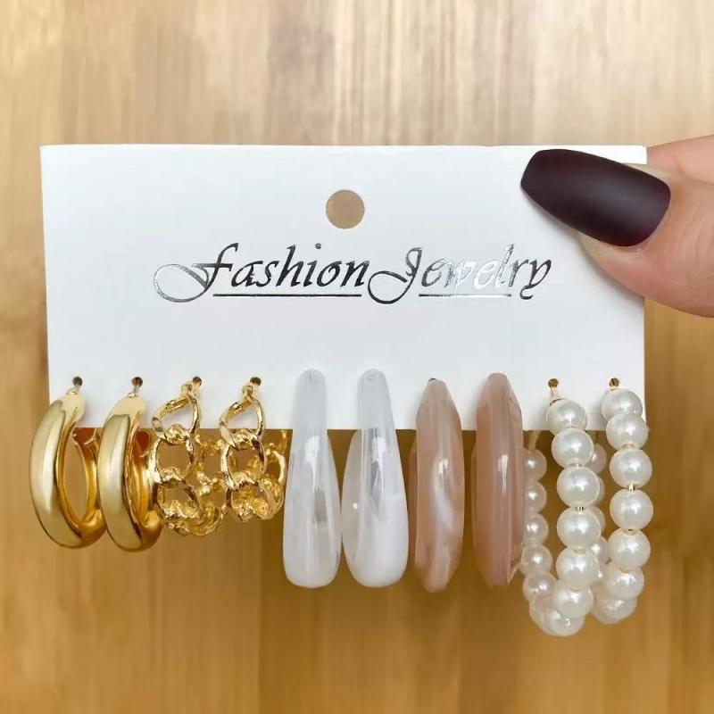 6Pairs 18K Gold Plated Alloy Earrings Set Stainless Steel Post CZ Pearl Heart Hoop for Women Fashion Jewelry