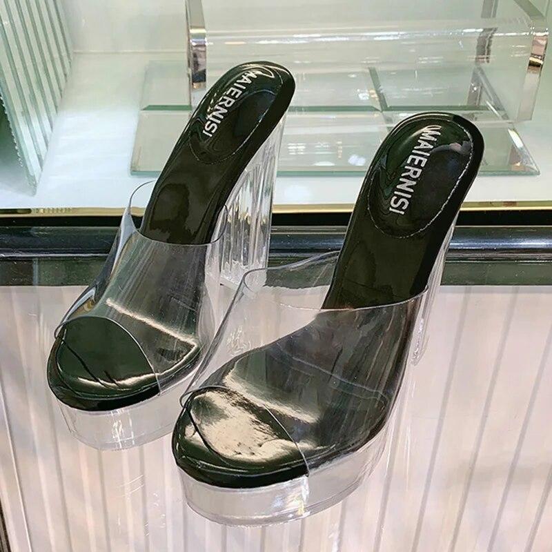 Frauen Dicke High Heels Flacher Mund Kristall Transparent Sexy Bühne Laufsteg 13 cm Absatz 3,5 cm Plattform WZ