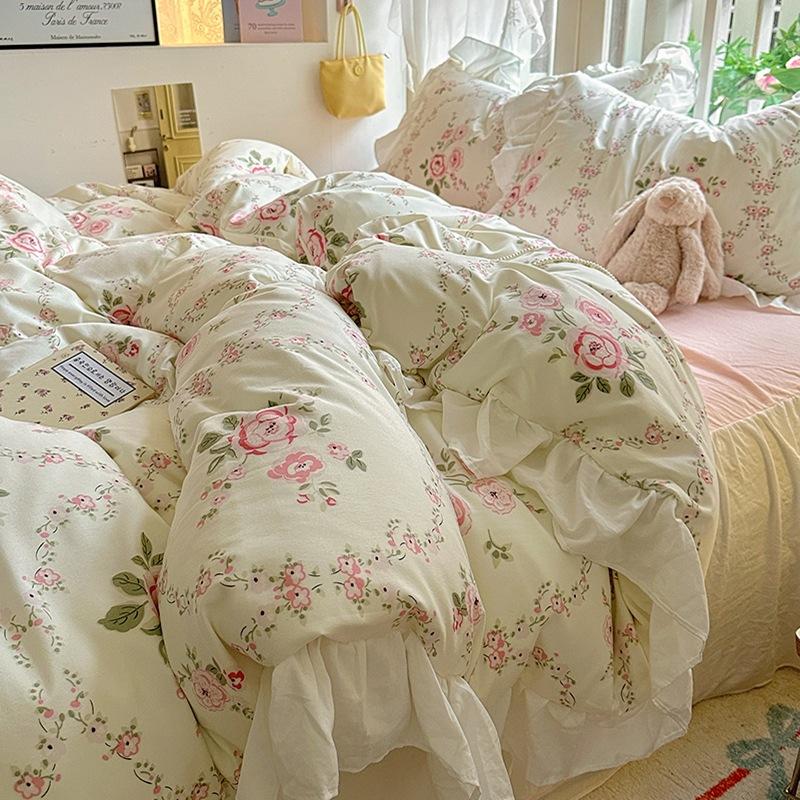Small Fresh Pure Cotton Four-piece Set Lace Korean Version Princess Style Washed Cotton Bed Skirt Quilt Cover Cream Style Bedding