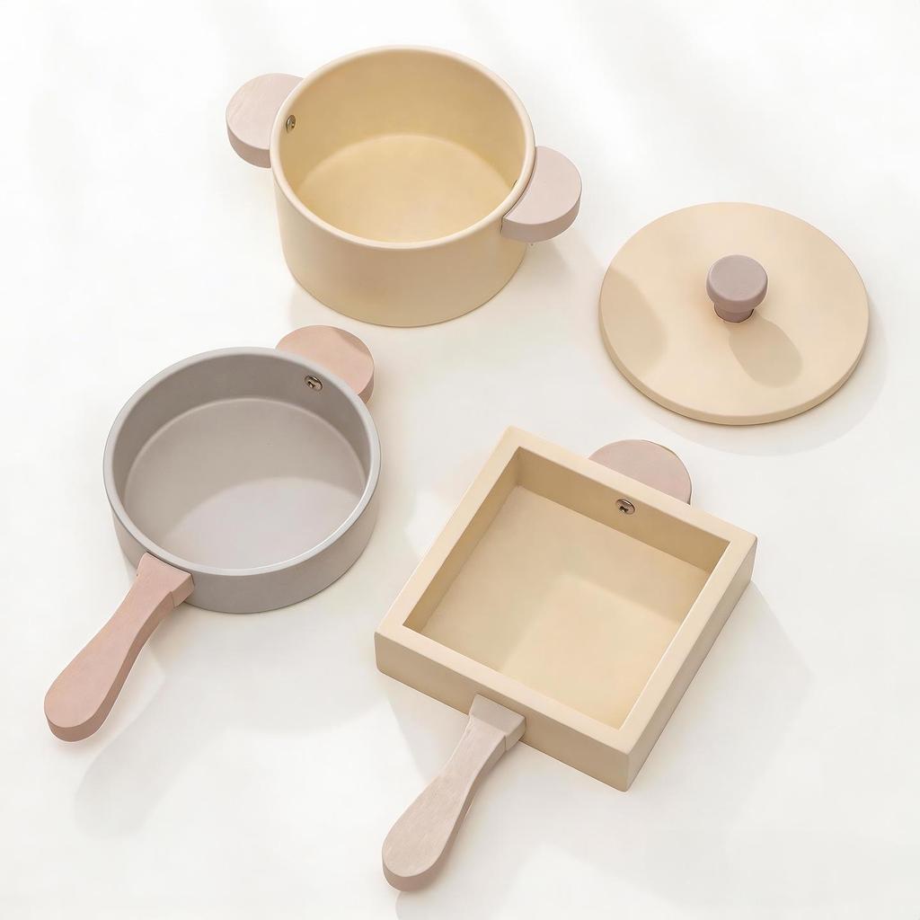 Wooden Play Kitchen Cookware Set: Frying Pan & Rice Cooking Toys for Kids