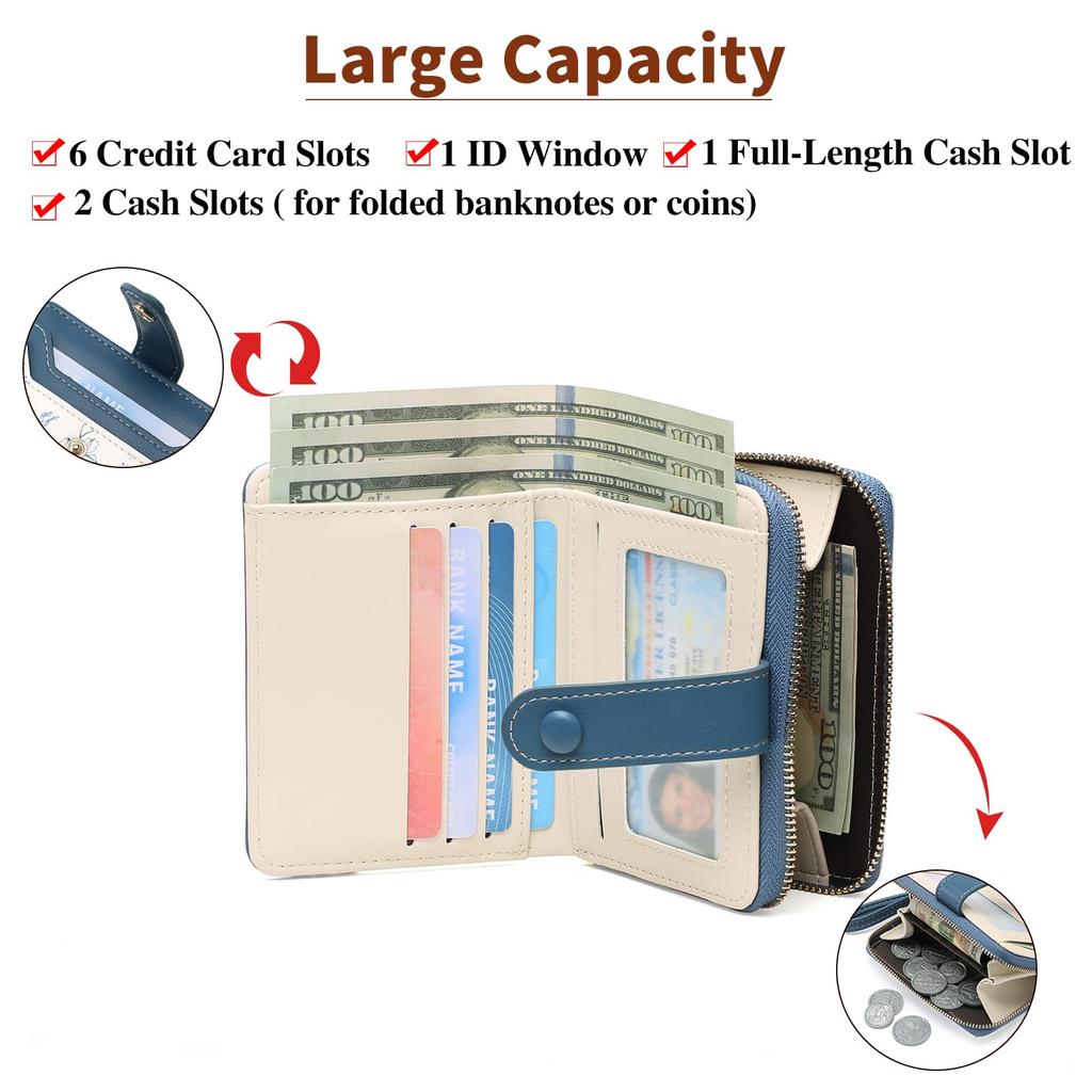 RNIEGA Women's Genuine Leather Wallet, Lightweight, Compact, Coin Purse, Card Slots, Multi-functional, Bifold Wallet with Skimming Protection,