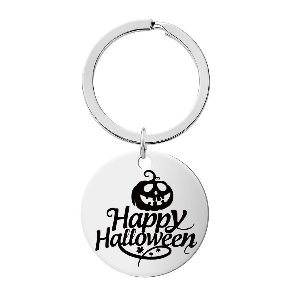Halloween Keychain Pendant Stainless Steel Laser Engraved Round Tag Hanging Ornament Jewelry Stainless Steel Keychain for Backpack Bag Pendant