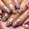 24 Piezas Diseño de Perlas Longitud Media Ballet Cobertura Completa Cuadrado Uñas Postizas Puntas de Uñas Falsas Set de Manicura