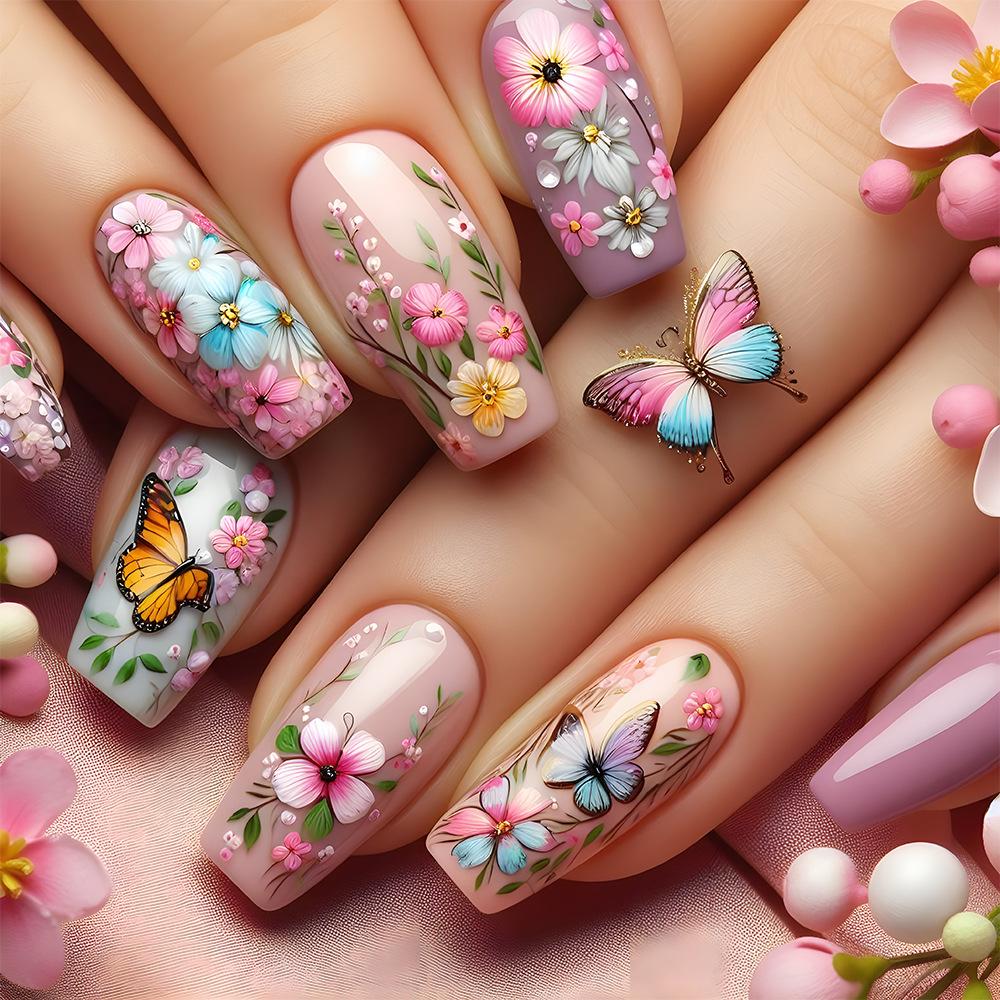 24 Piezas Diseño de Perlas Longitud Media Ballet Cobertura Completa Cuadrado Uñas Postizas Puntas de Uñas Falsas Set de Manicura