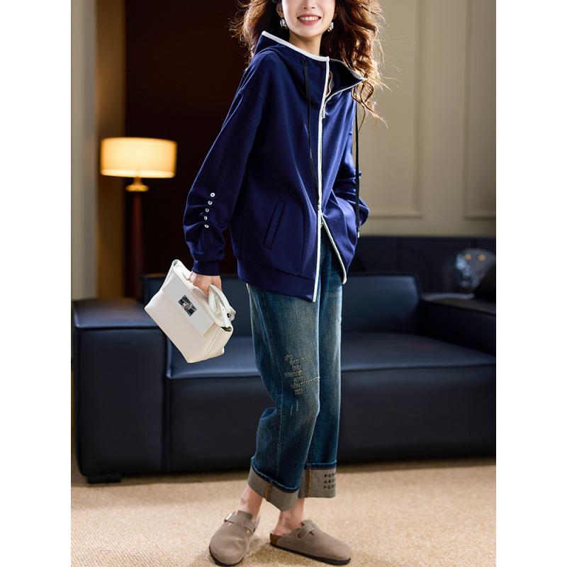 Casual Contrasting Color Hooded Jacket Women's Autumn European Goods, Foreign Style Loose Top 2024 New Large Size Women's Clothing