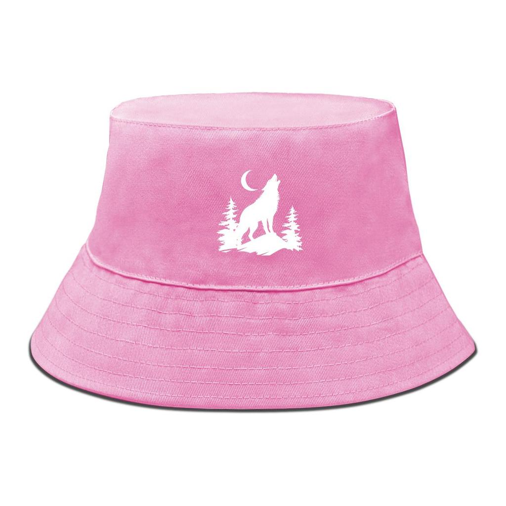 Wolf & Moon Print Bucket Hat , Sun Cap Unisex Candy Color Spring Beach Hat