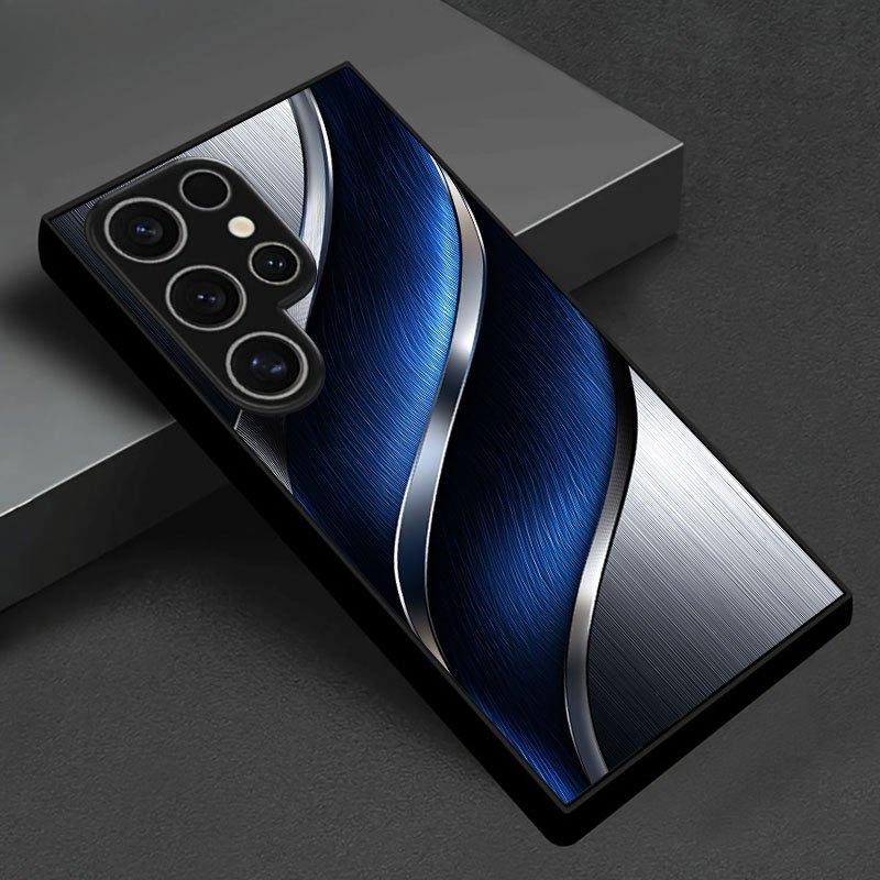 Skleněné pouzdro na telefon s metalickým lakem pro Samsung Galaxy S26 S25 S24 S23 S22 Ultra Plus FE 5G Zlatá stuha & vzor na modrém pozadí