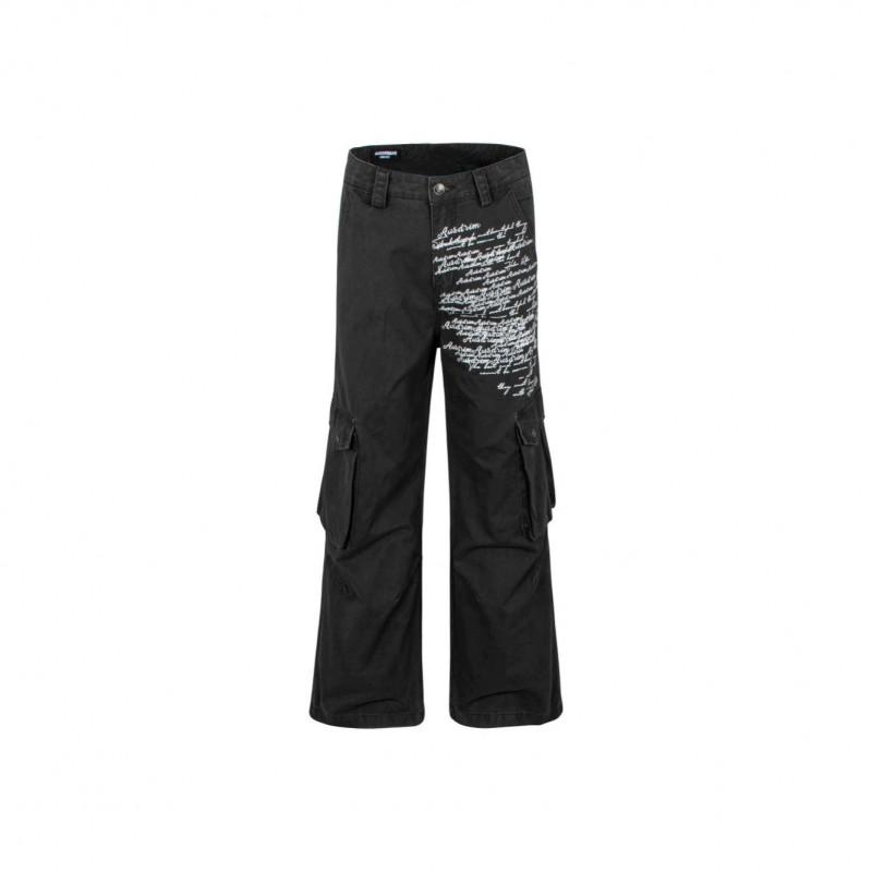American High Street Letter Print Cargo Straight Leg Jeans Washed Distressed Wide Pants Unisex
