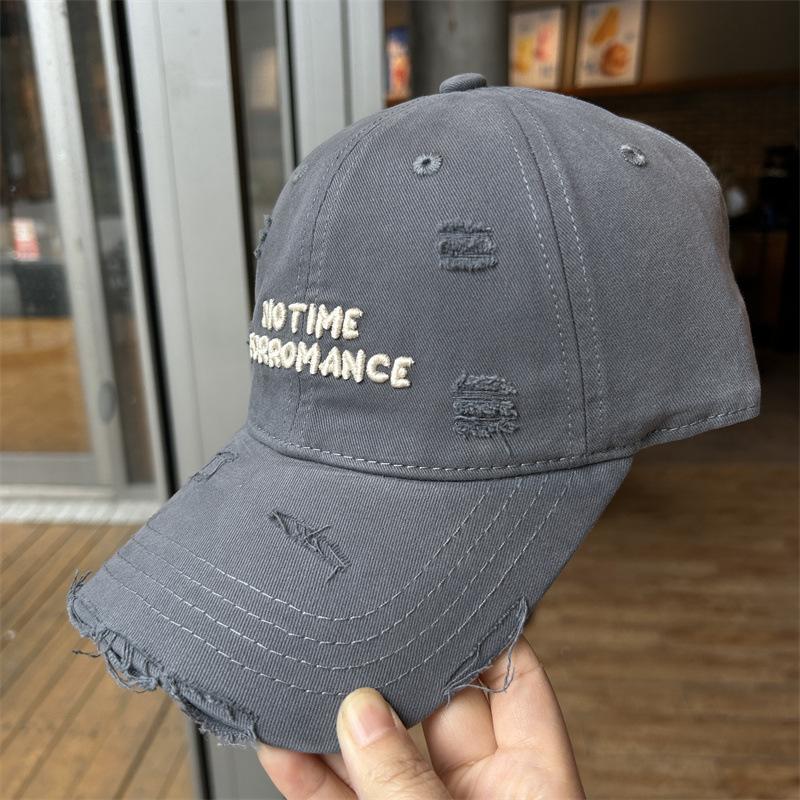 Ripped Baseball Cap Women's Letter Embroidery Wash Cotton Baseball Cap Showing Small Larger and Widened Brim Soft Top Sun Hat