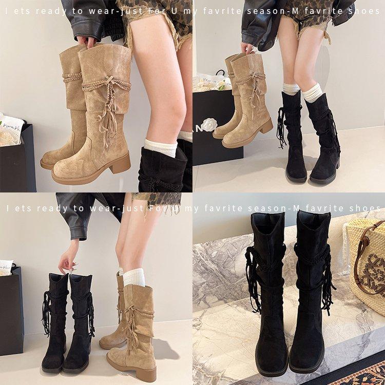 Sweet dream Cheng fat mm thick legs big tube circumference brown fringed knight boots high heels but knee long tube suede piled boots