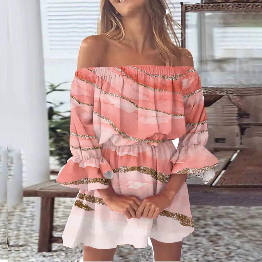 Lässiges, sexy A-Linien-Kleid für Damen mit einer Schulter und mittlerer Taille, bedruckt, Rüschenärmel