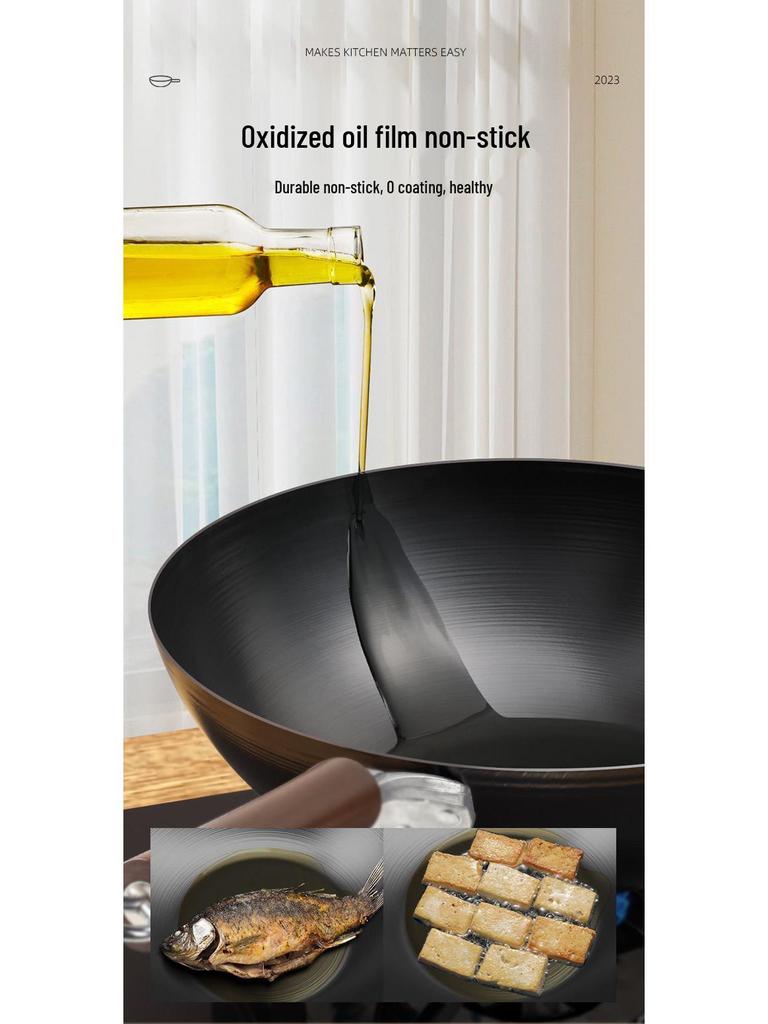 Traditioneller Eisen-Wok mit flachem Boden für Induktions- und Gasherde - Unbeschichtet, Antihaft-Bratgeschirr