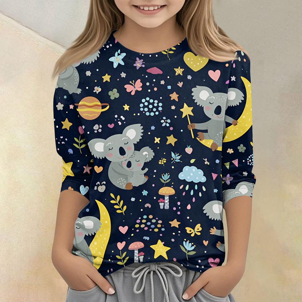 Children's Printed Round Neck Seven Quarter Sleeve Casual T-shirt