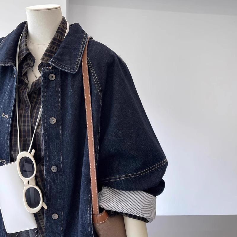 Manteau en Denim Vintage Femme Printemps Automne Mode Veste en Jean Courte Décontractée Manches Splicing Ample Cowboy