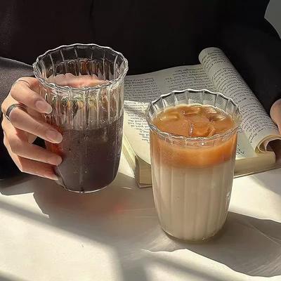Ins Glass Cup Heat-resistant Tumbler Drinkware Transparent Tea Juice Milk Coffee Mug Home Water Glasses Stripe Mug 14.81oz 420ML