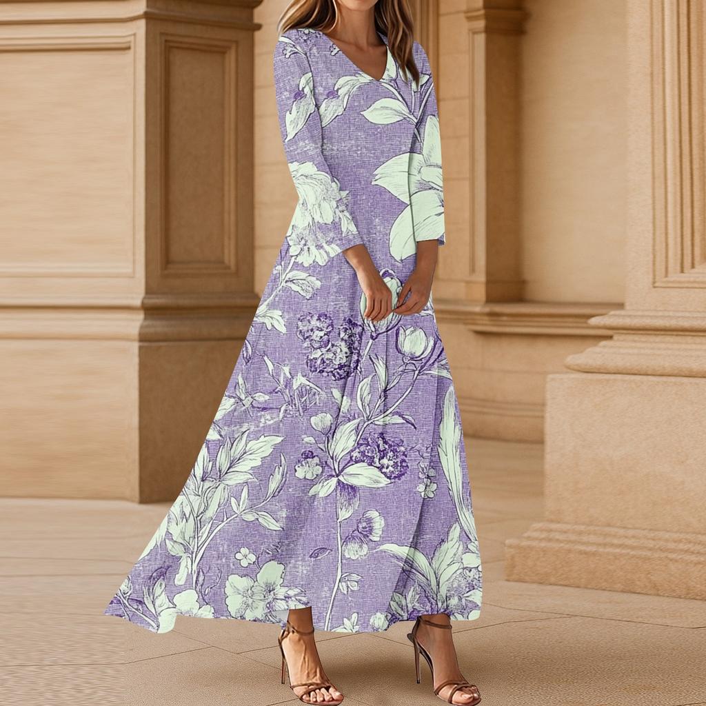 Women's Casual 3/4 Sleeve V-Neck Floral Print Maxi A-Line Beach Dress